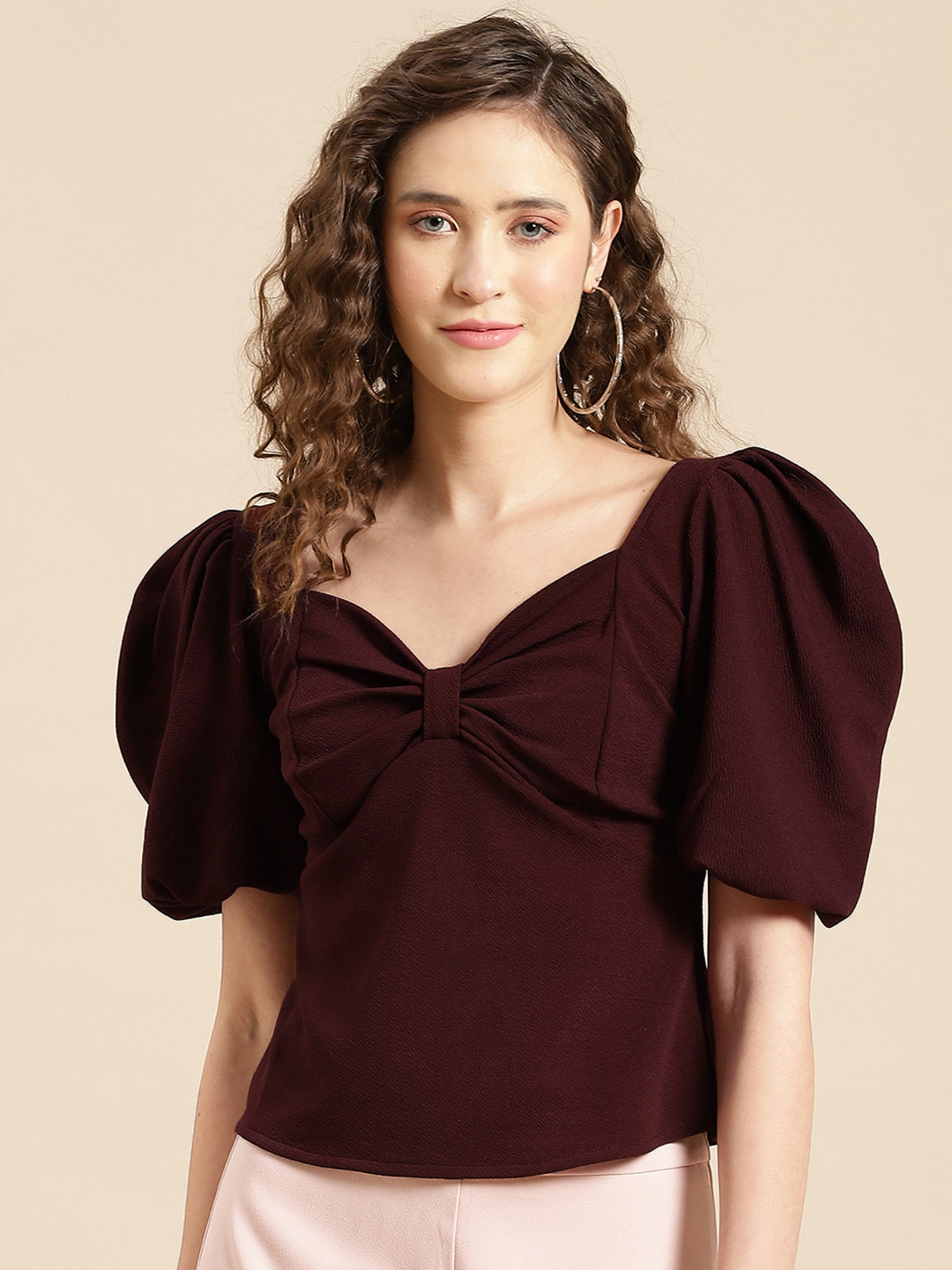 WoowZerz Burgundy Sweetheart Neck Puff Sleeves Power Shoulders Top