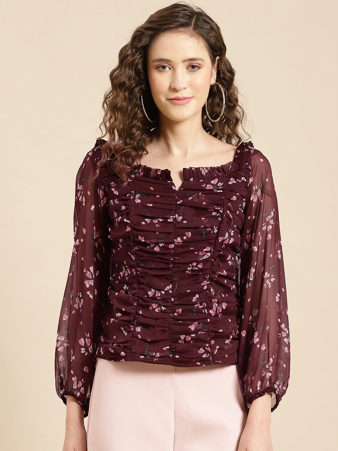 WoowZerz Maroon Floral Print Square Neck Gathered Detail Georgette Top