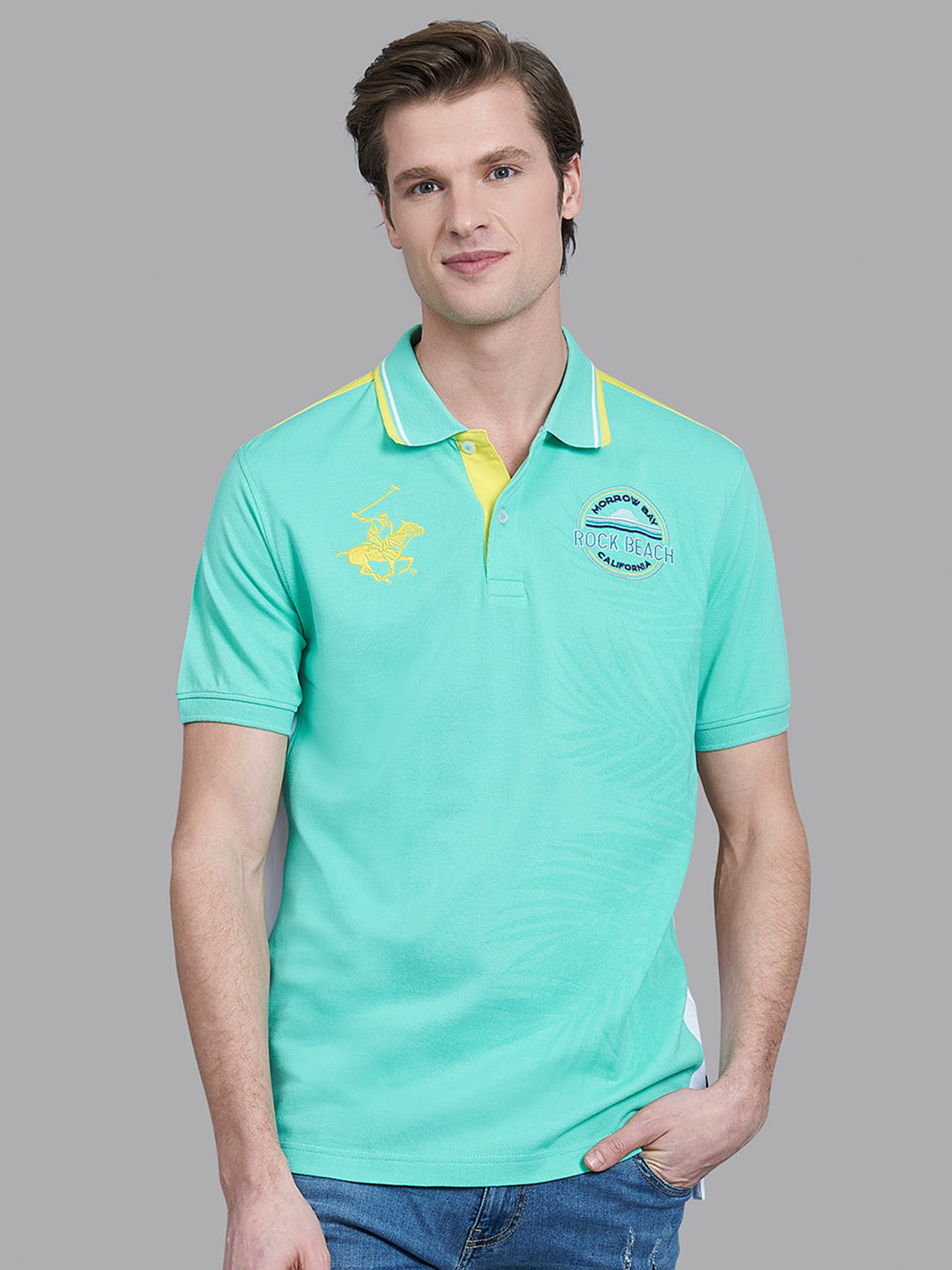 Beverly Hills Polo Club Men Green & Yellow Cotton Polo Collar T-shirt