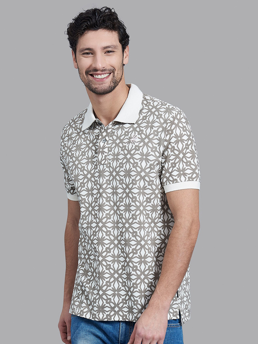 Beverly Hills Polo Club Men Khaki & White Printed Polo Collar Monochrome T-shirt