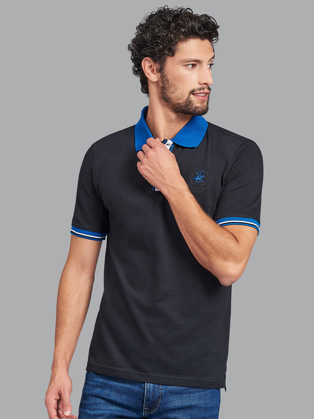 Beverly Hills Polo Club Men Black & Blue Polo Collar T-shirt