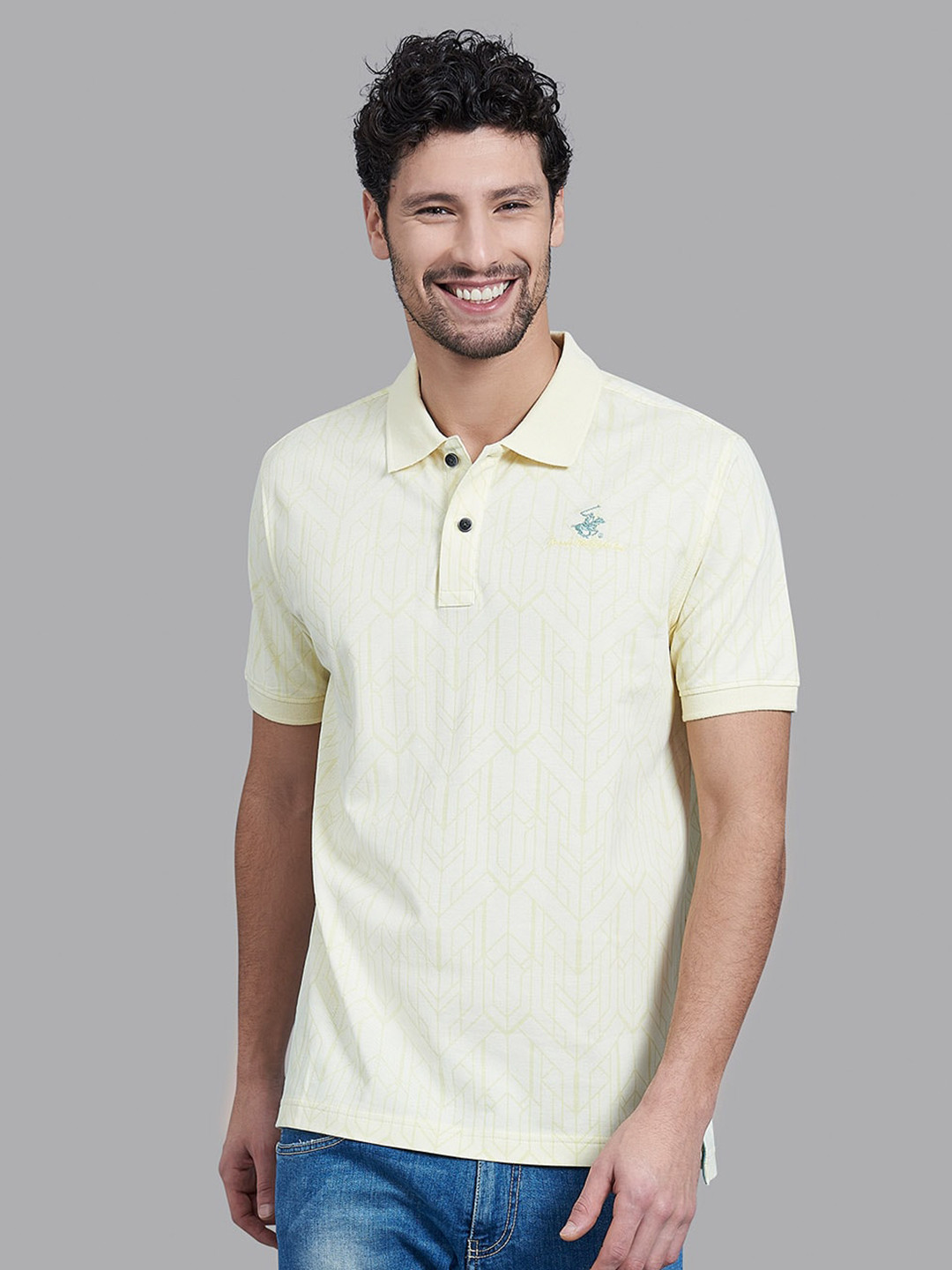 Beverly Hills Polo Club Men Yellow Geometric Printed Polo Collar T-shirt