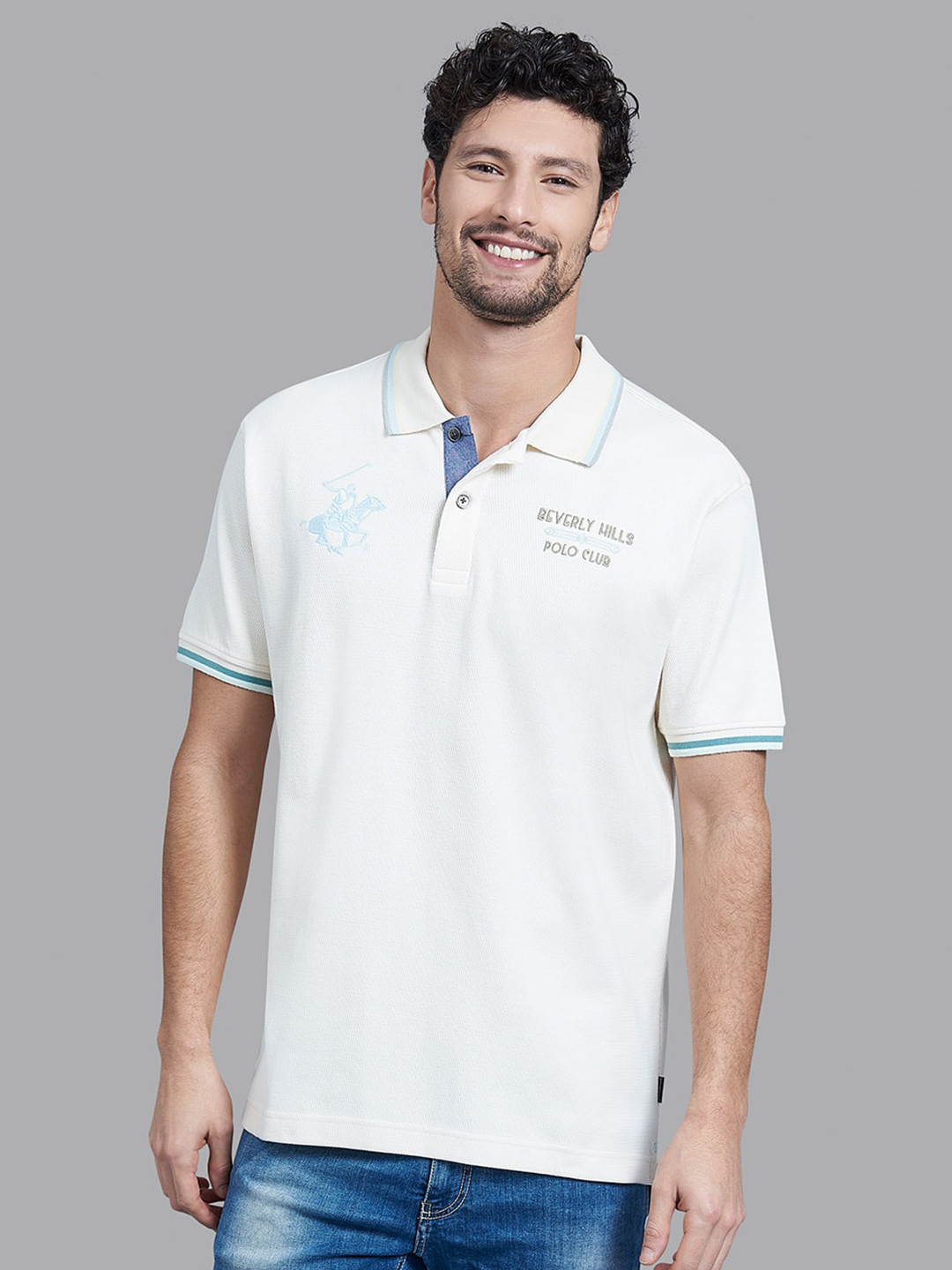 Beverly Hills Polo Club Men Khaki Typography Printed Polo Collar Cotton T-shirt