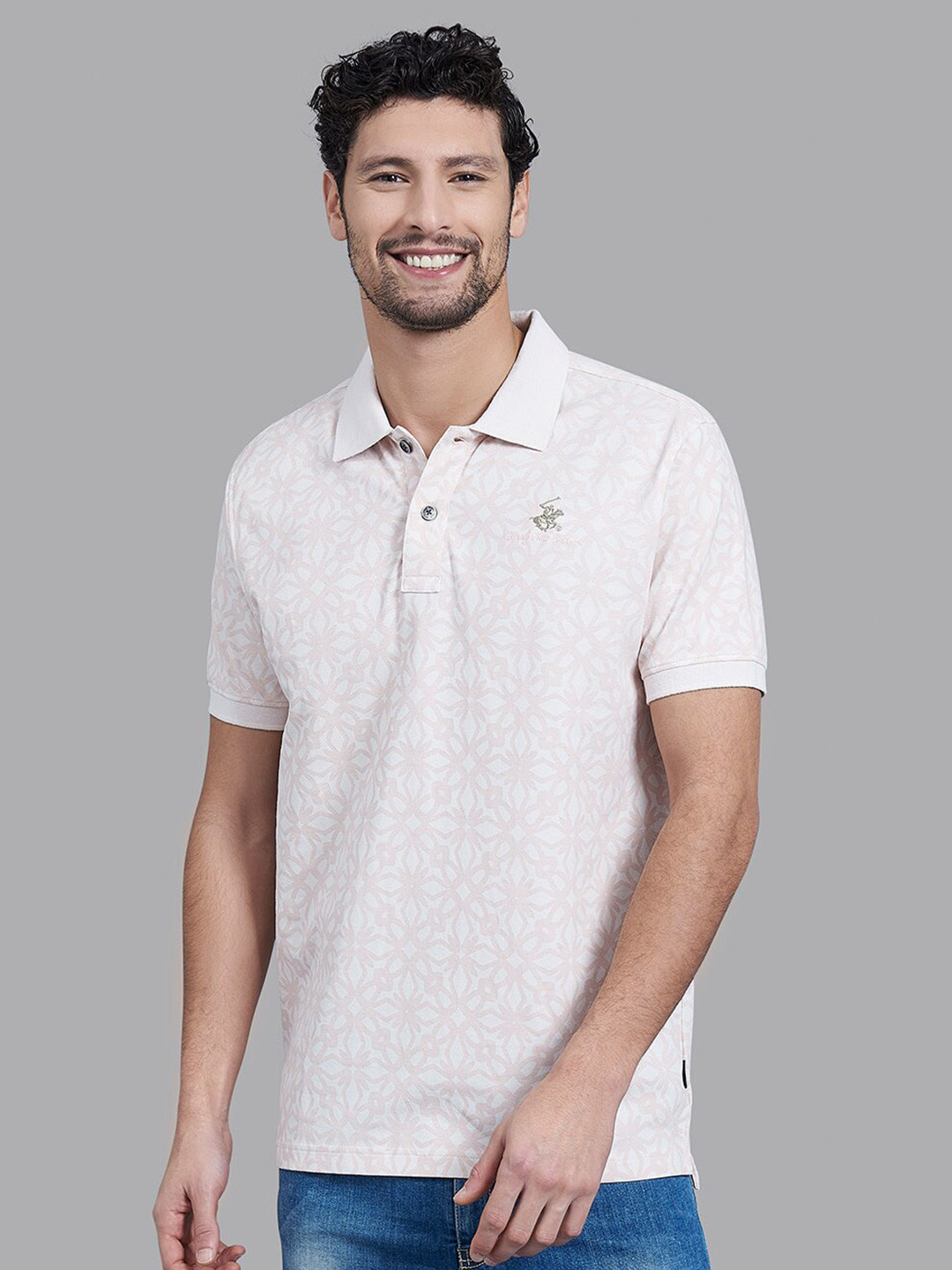 Beverly Hills Polo Club Men Pink & White Printed Polo Collar Cotton T-shirt