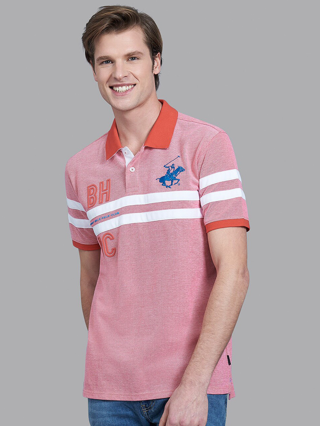 Beverly Hills Polo Club Men Pink Striped Polo Collar T-shirt