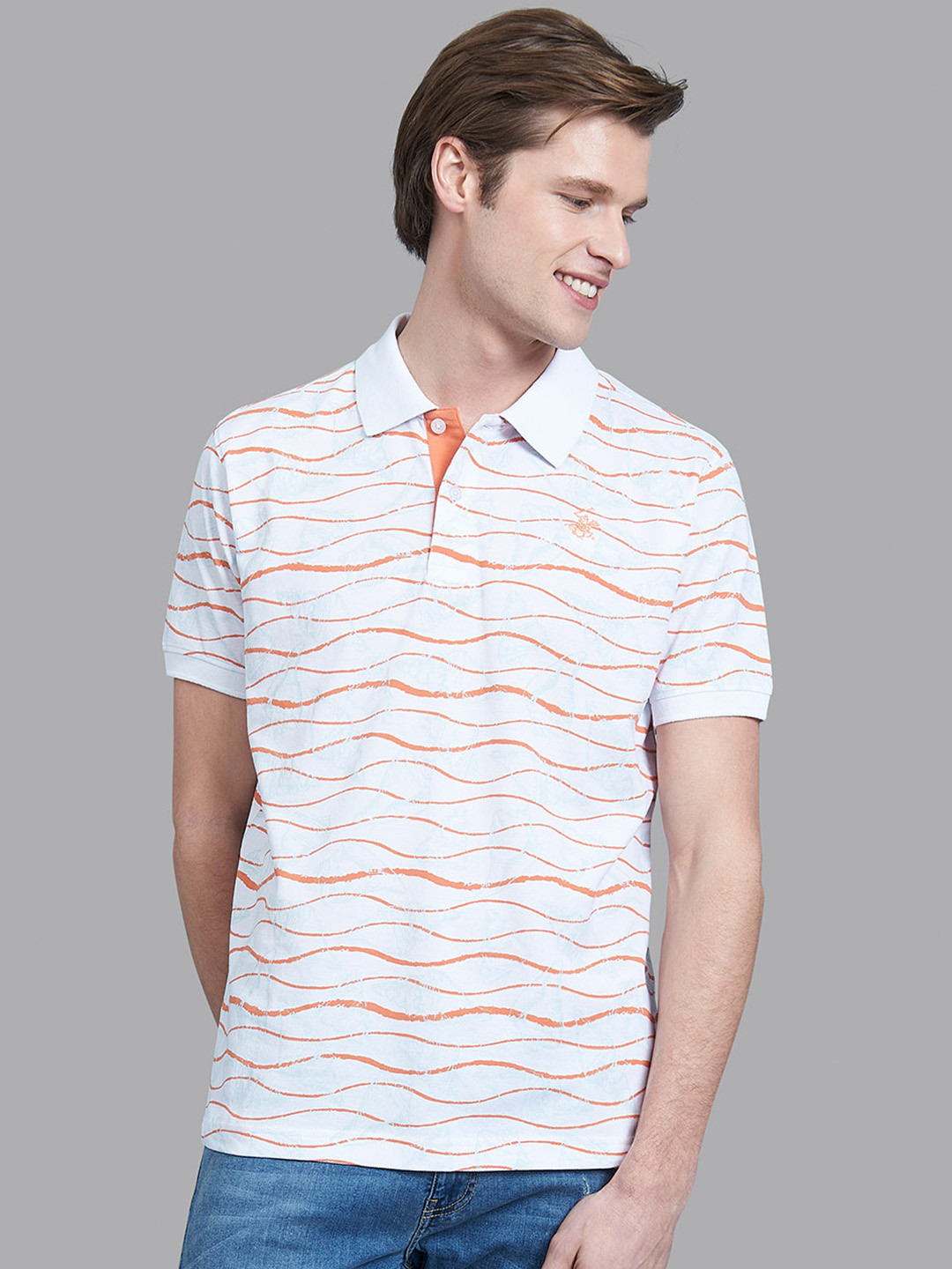 Beverly Hills Polo Club Men White & Orange Striped Polo Collar T-shirt