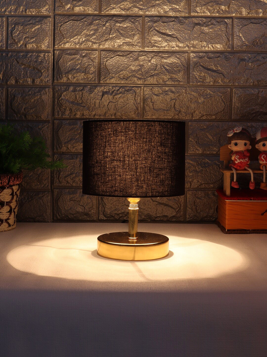 Devansh Black & Gold-Toned Metal Table Lamp With Cotton Shade