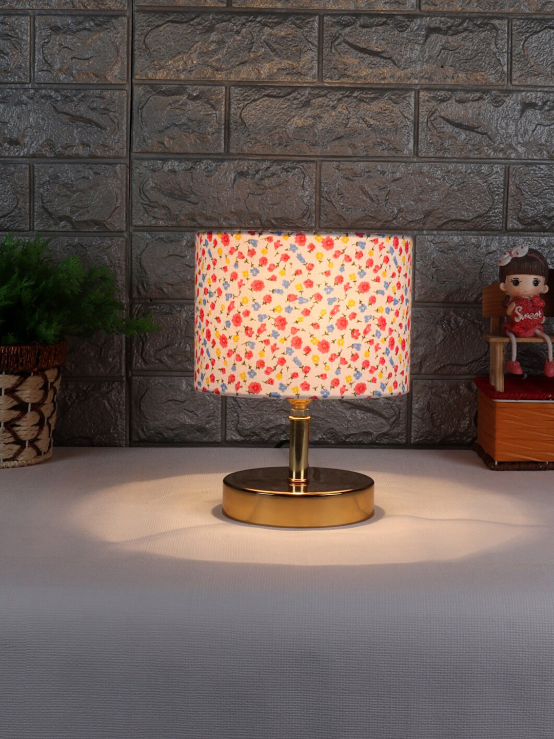 Devansh White & Pink Printed Cotton Shade Bedside Standard Lamp