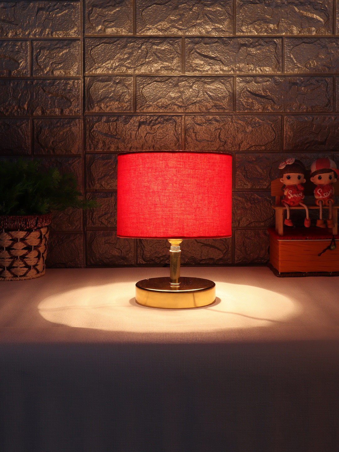 Devansh Red & Gold Toned Metal Table Lamp with Cotton Shade