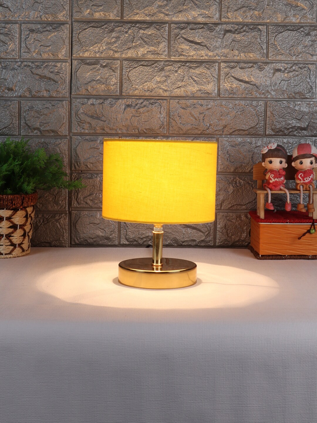 Devansh Yellow Metal Table Lamp with Cotton Shade
