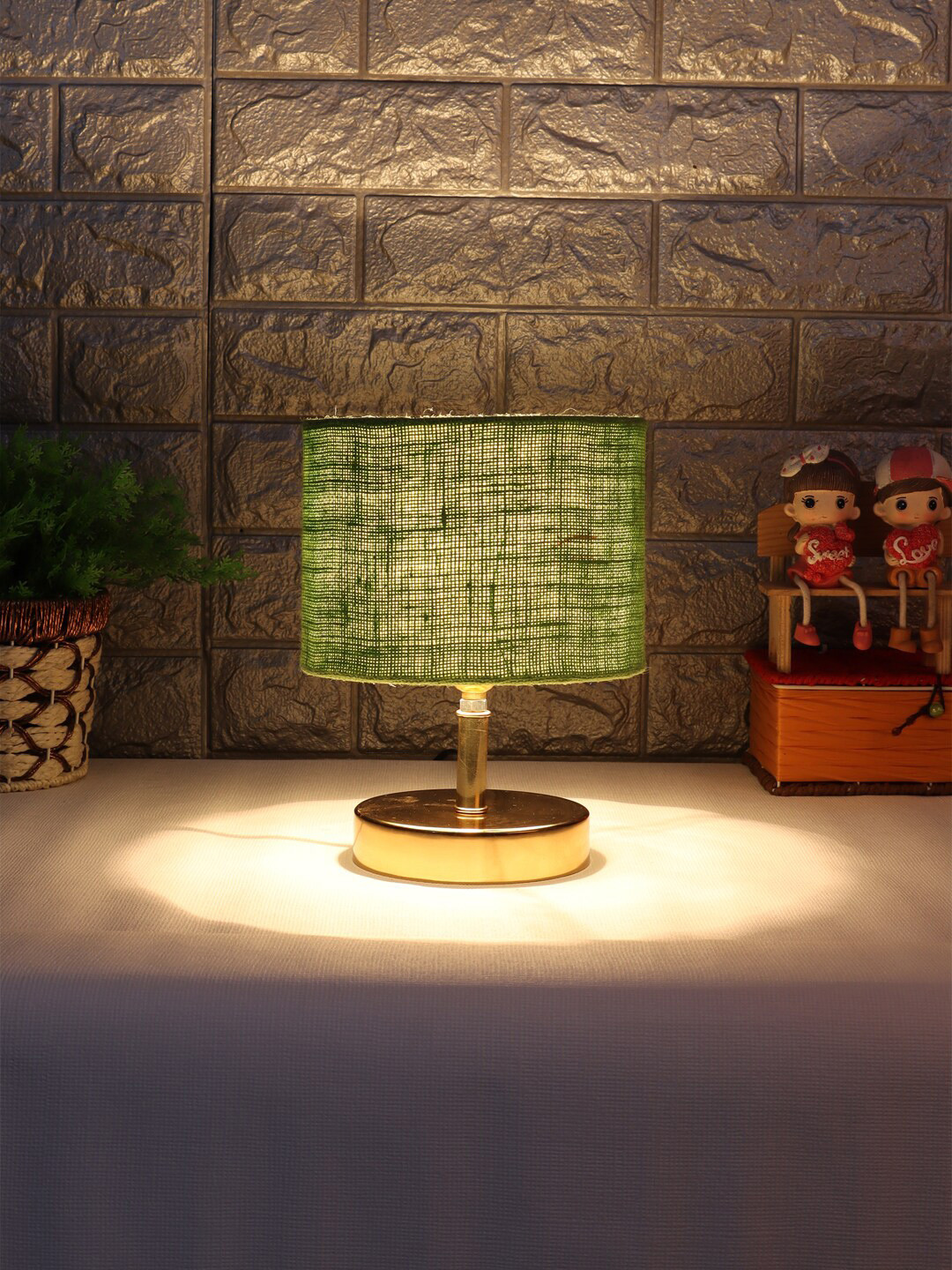 Devansh Green & Gold-Toned Metal Table Lamp with Bamboo Shade