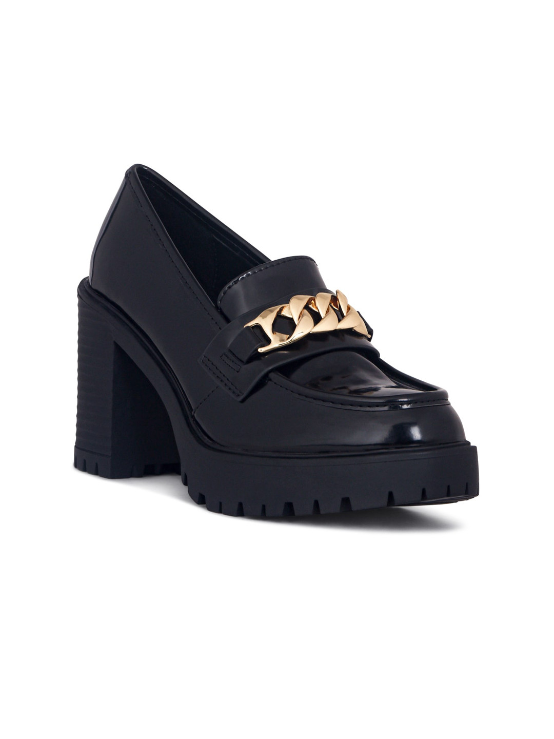 London Rag Black Embellished Block Heel Loafers