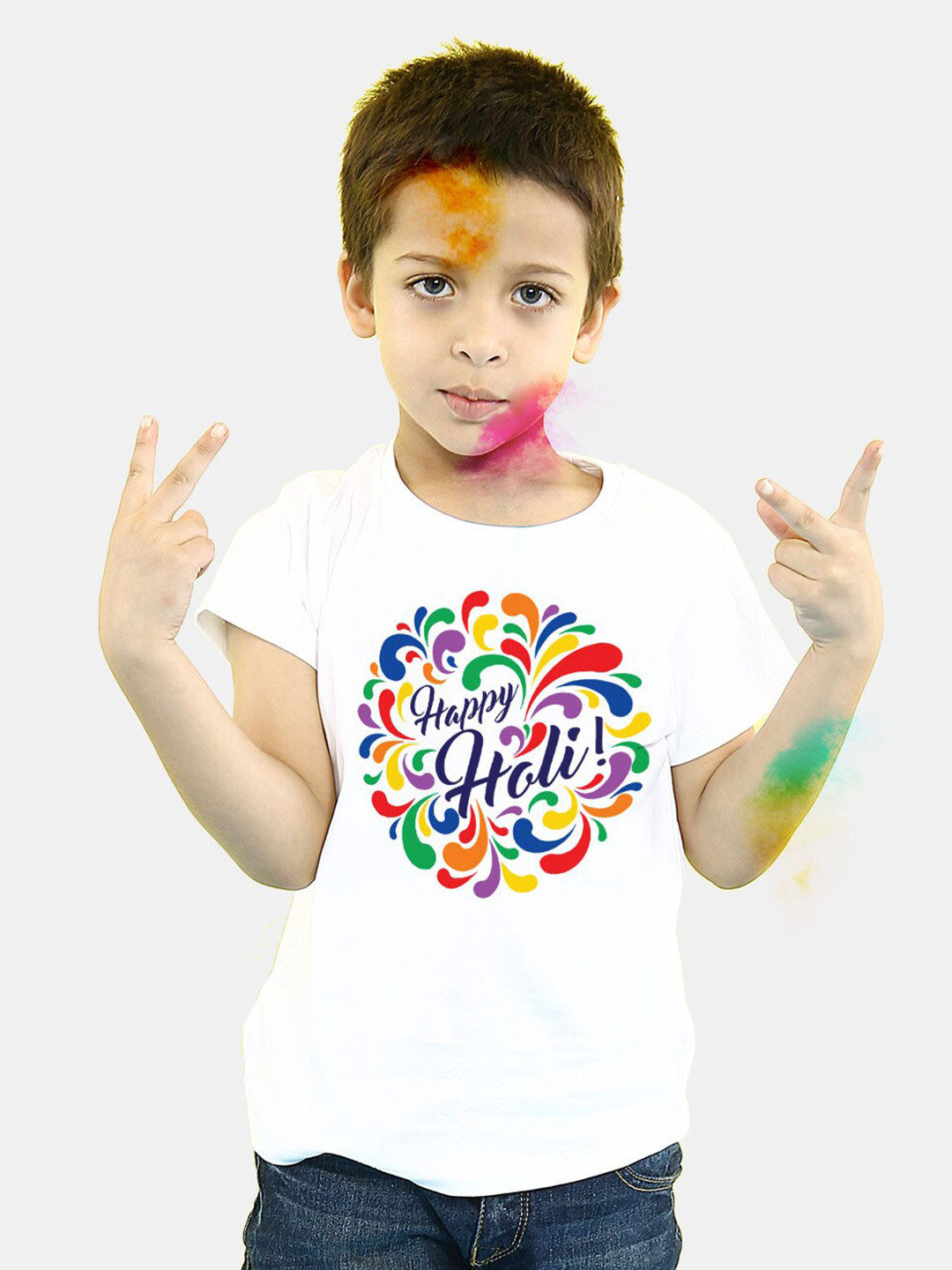 BONKIDS Boys White Happy Holi Round Neck T-shirt