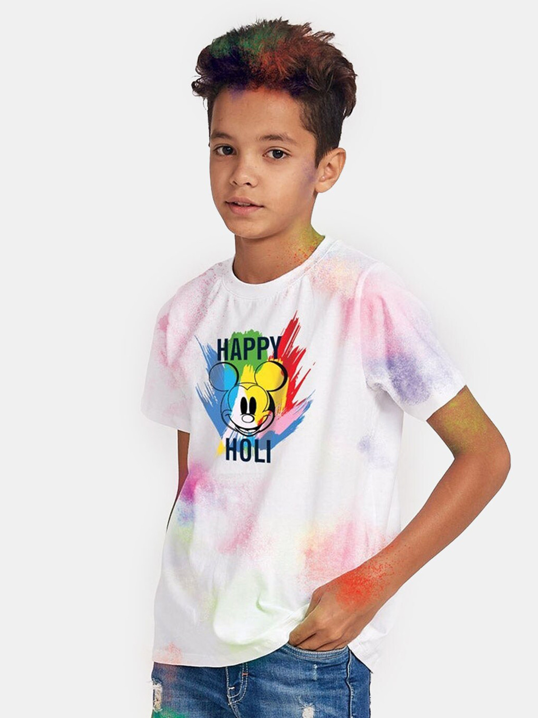 BONKIDS Boys White Printed Happy Holi Disney T-shirt