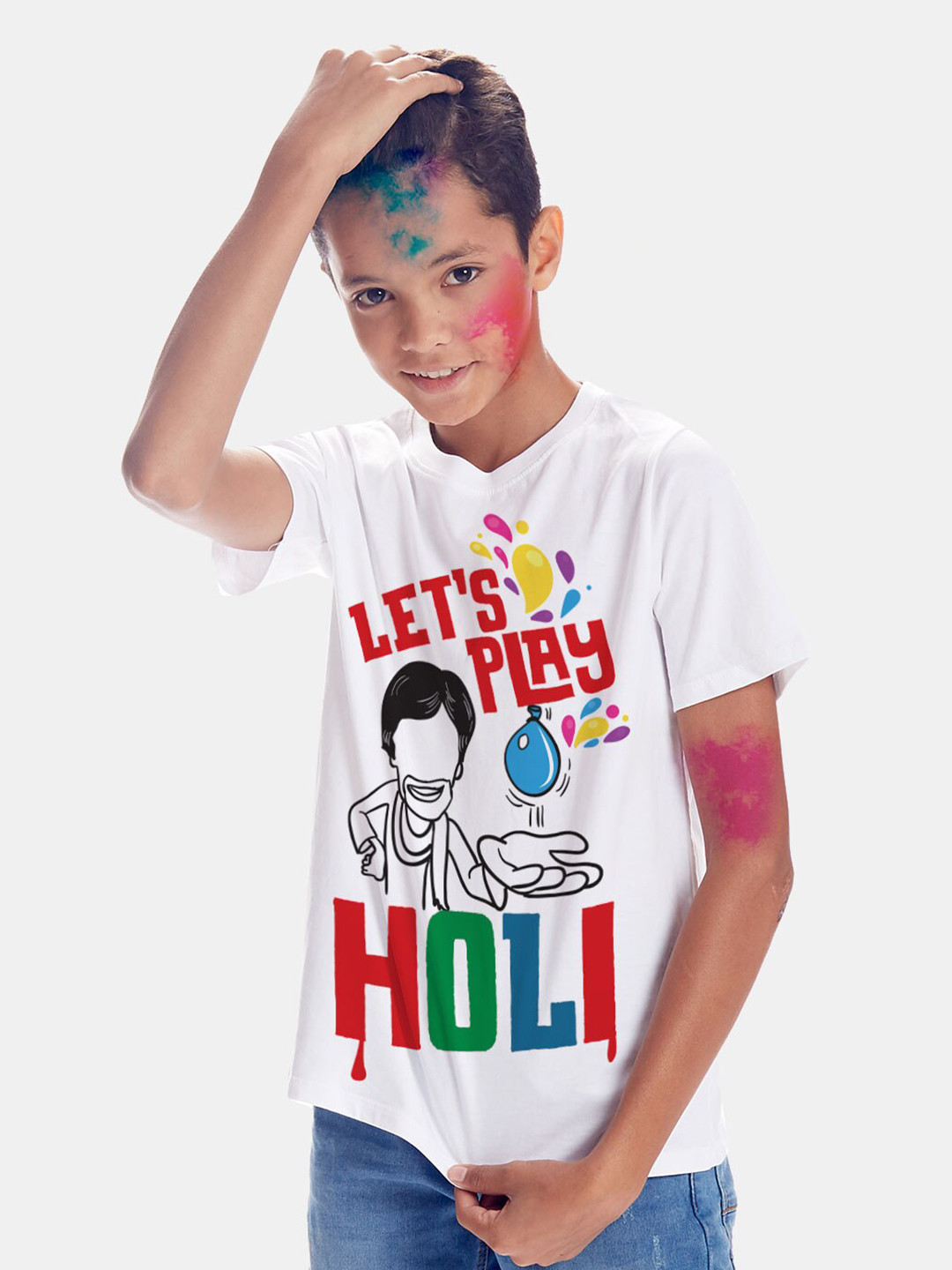 BONKIDS Boys White & Red Holi Graphic Printed Cotton T-shirt
