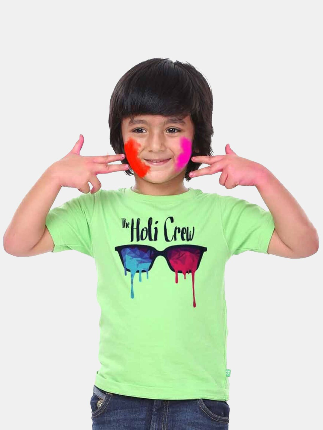 BONKIDS Boys Green  Holi Crew Holi Round Neck T-shirt