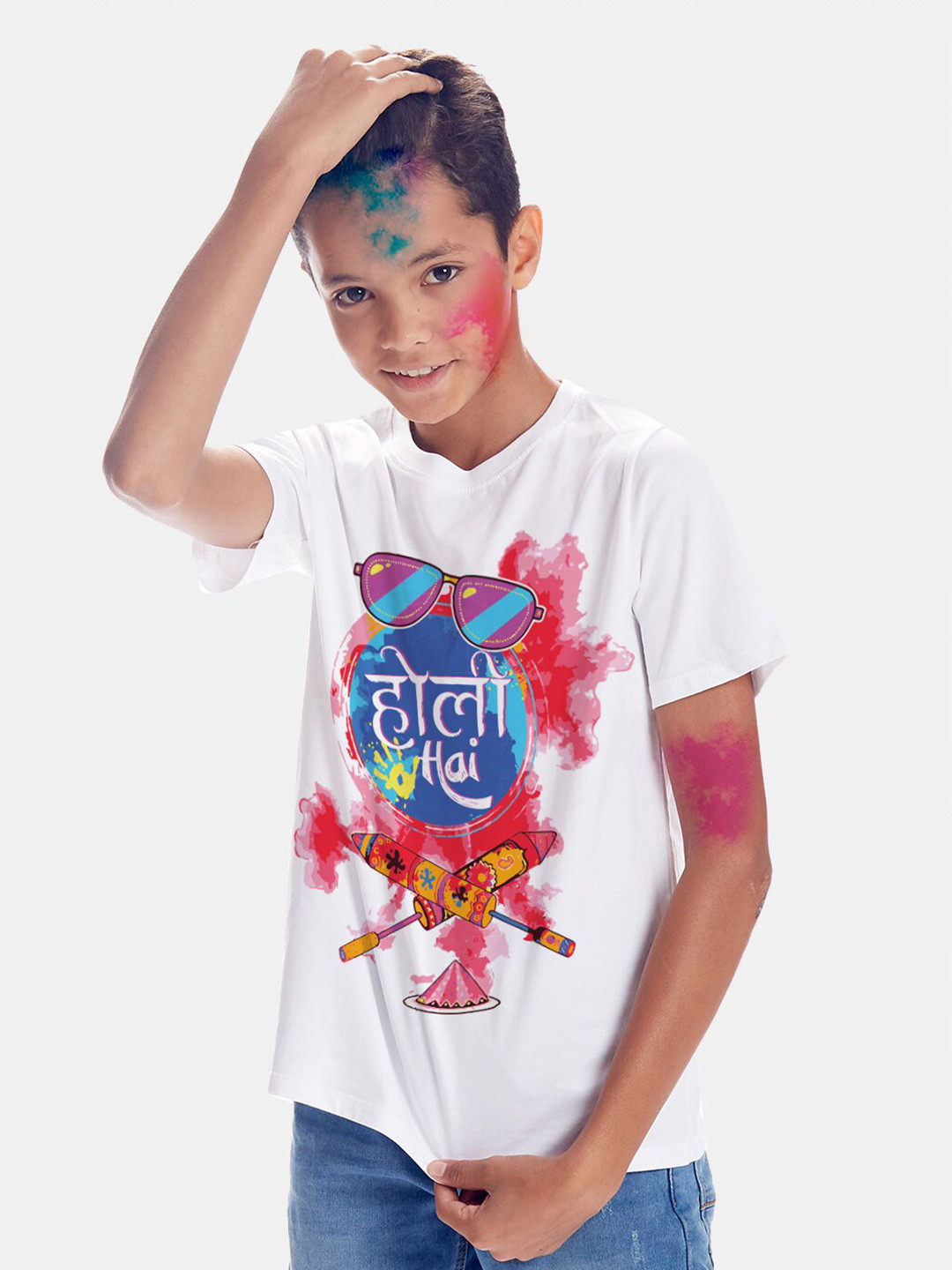 BONKIDS Boys White Printed Holi T-shirt