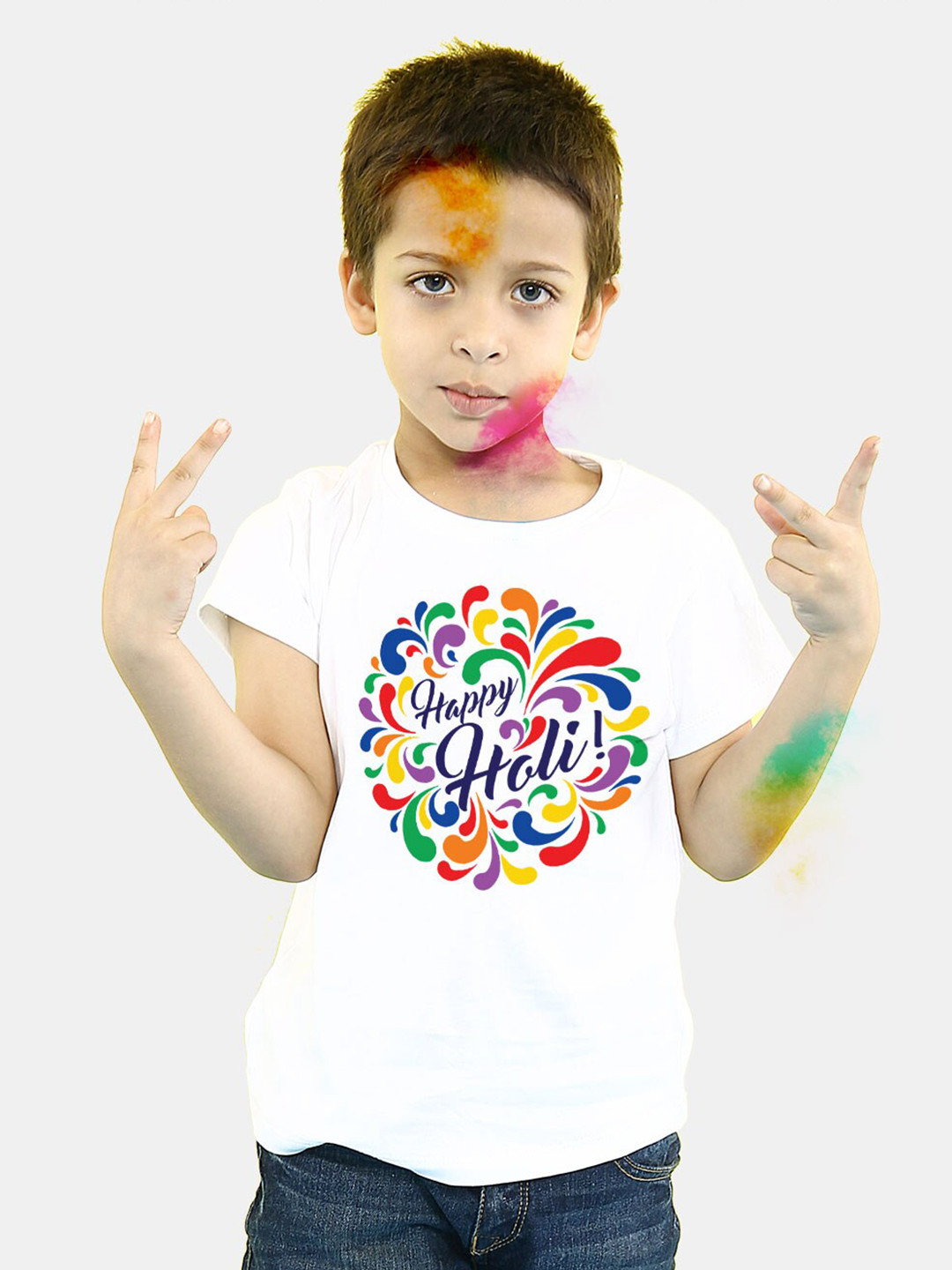 BONKIDS Boys White Holi Graphic Printed Cotton T-shirt