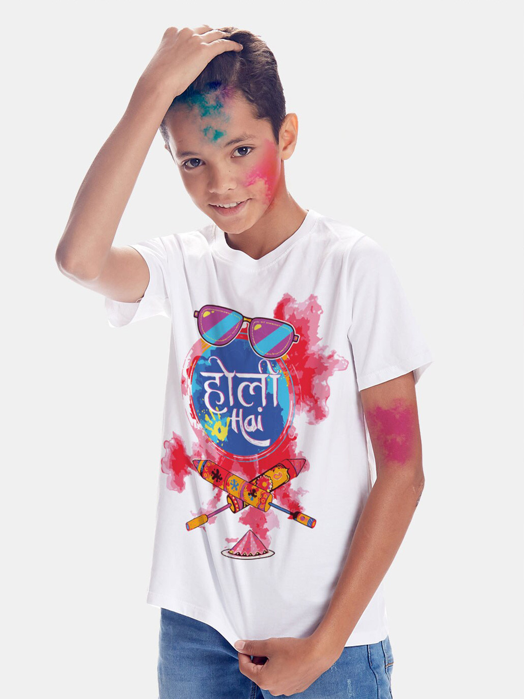 BONKIDS Boys White Holi Round Neck T-shirt