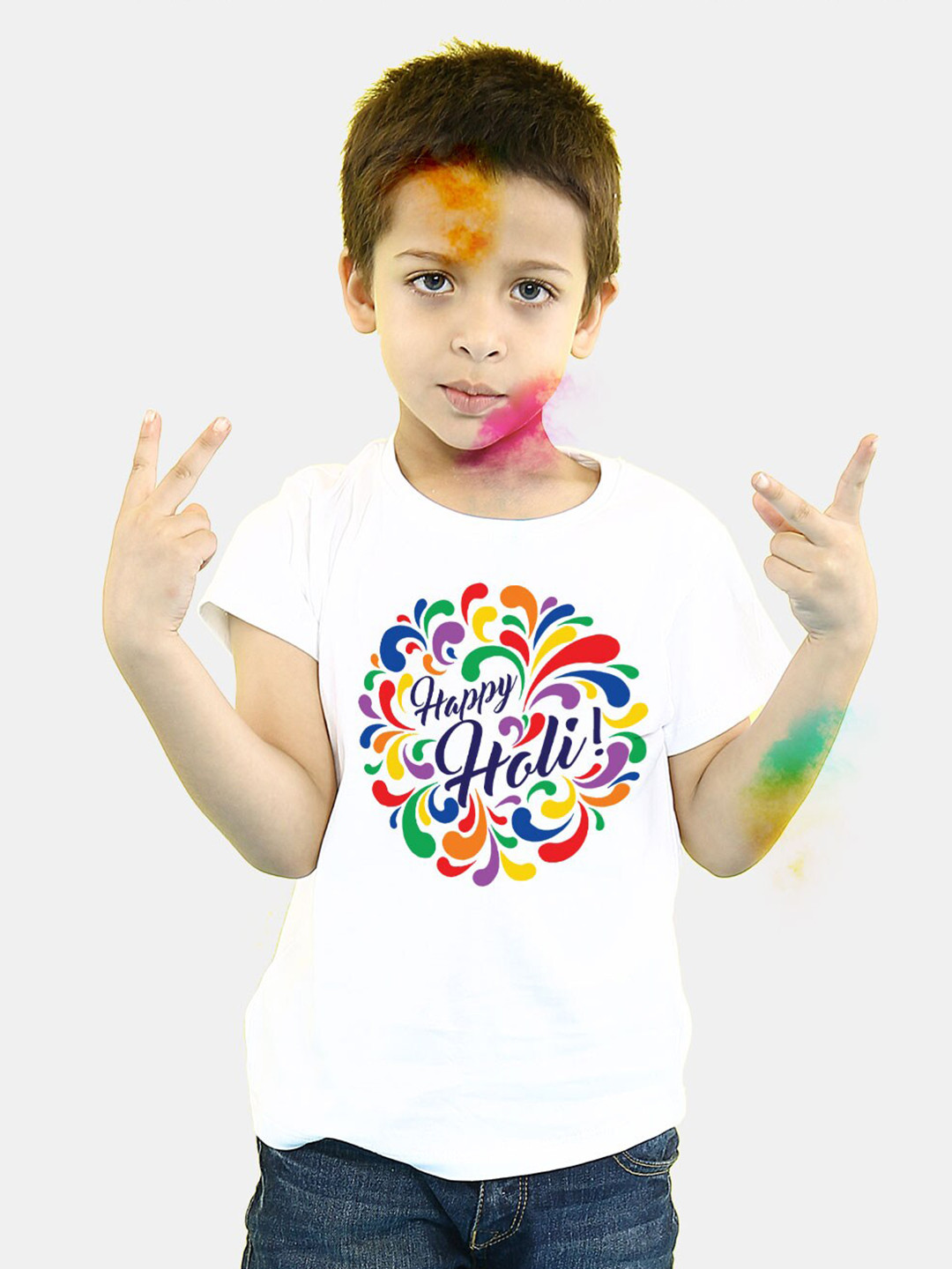 BONKIDS Boys White  Happy Holi Round Neck T-shirt