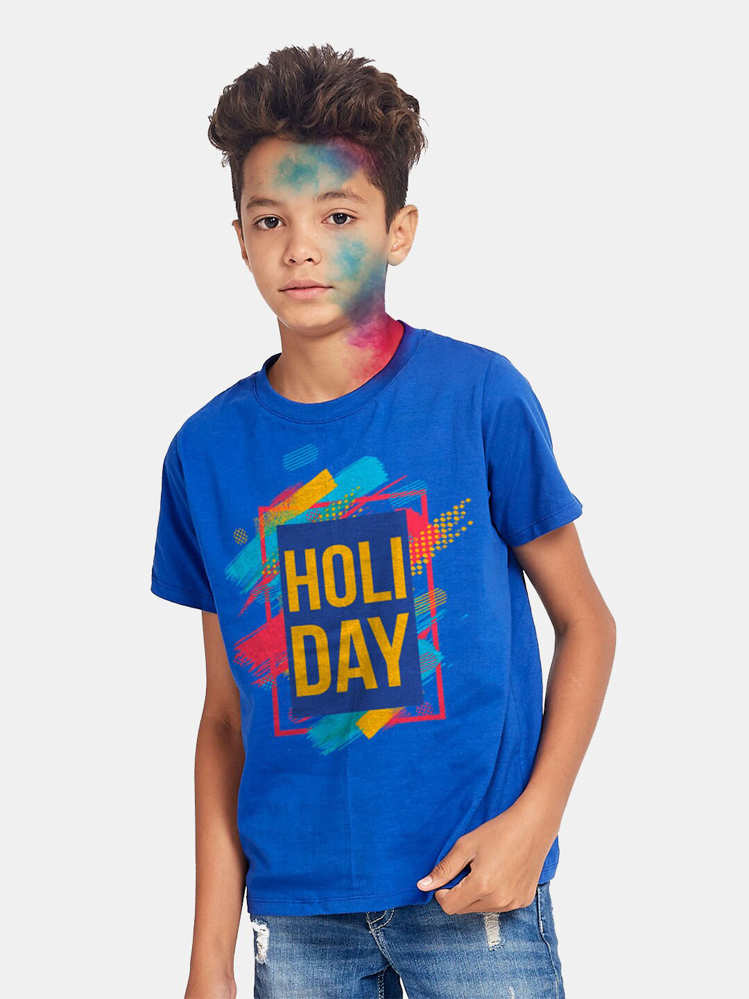 BONKIDS Boys Blue Holi Day Holi Round Neck T-shirt