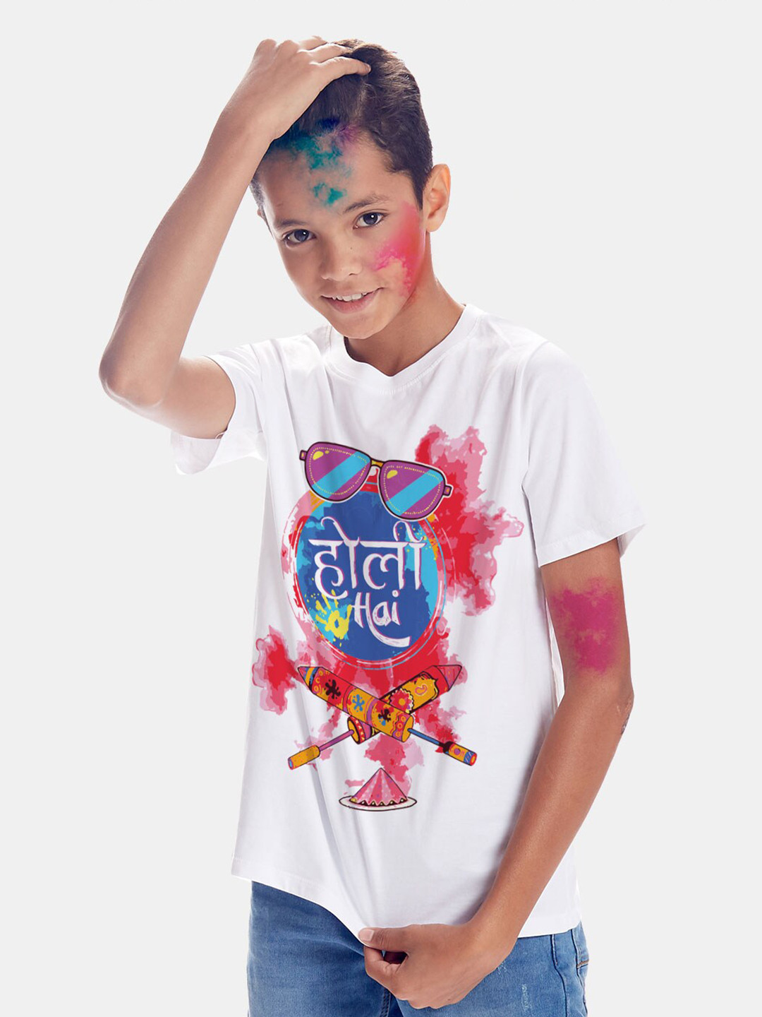BONKIDS Boys White Holi Round Neck T-shirt