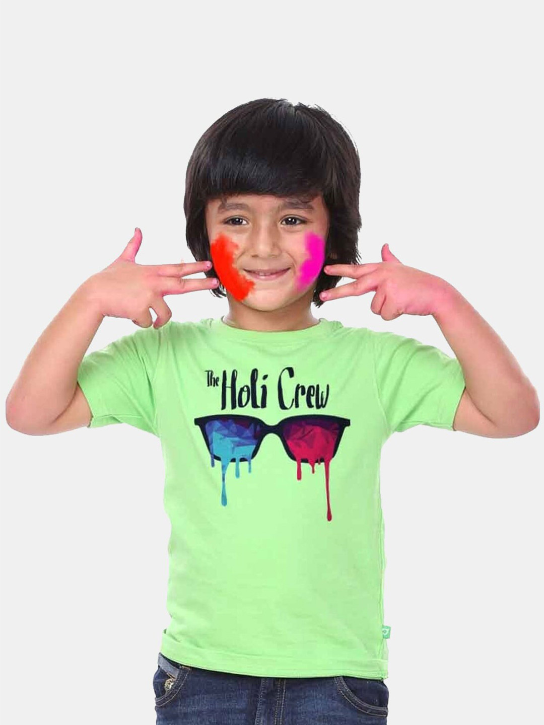 BONKIDS Boys Green Holi Round Neck T-shirt