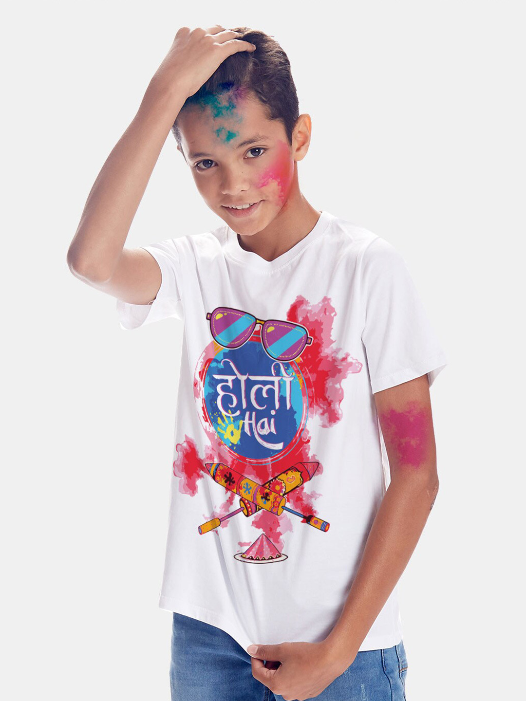 BONKIDS Boys White  Holi Hai Holi Round Neck T-shirt