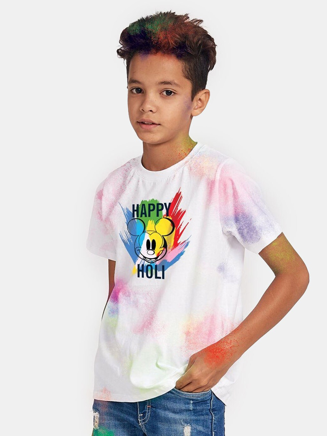 BONKIDS Boys White  Happy Holi Disney Round Neck T-shirt