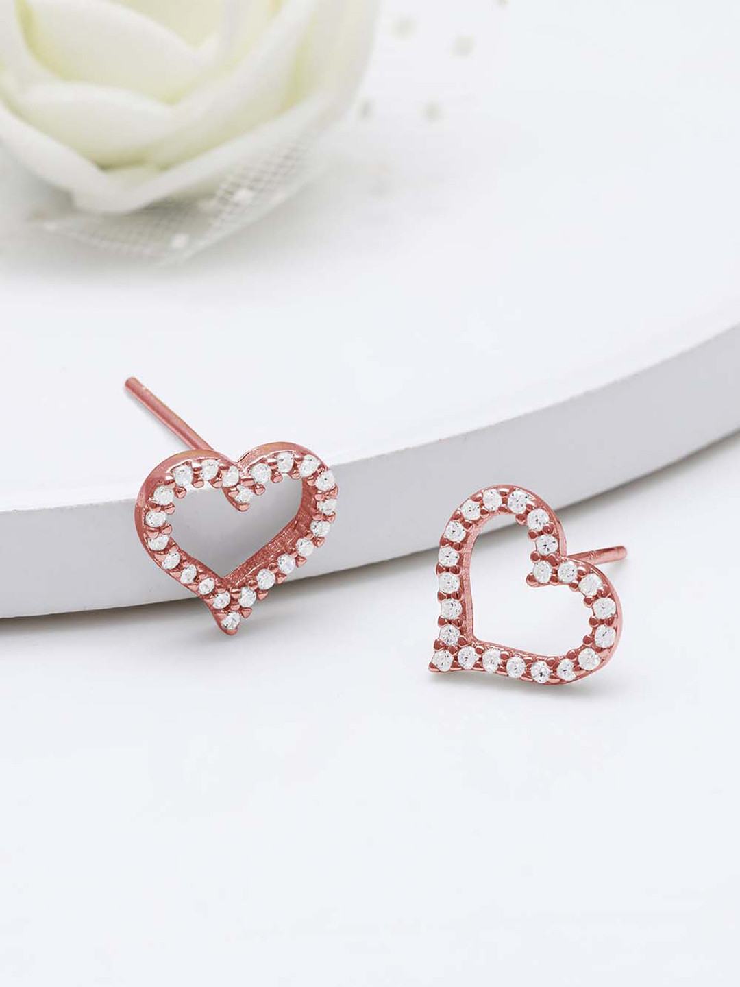 GIVA 925 Sterling Silver Rose Gold Plated Studded Heart Earrings