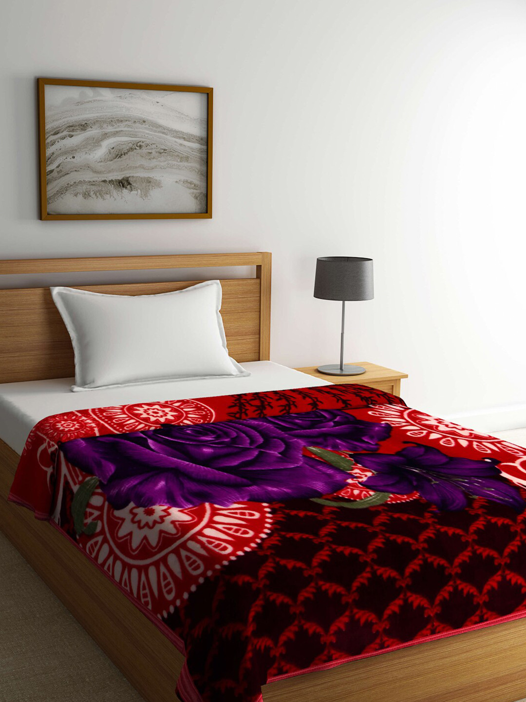 Arrabi Purple & Red Floral 950 GSM Mild Winter Single Bed Blanket