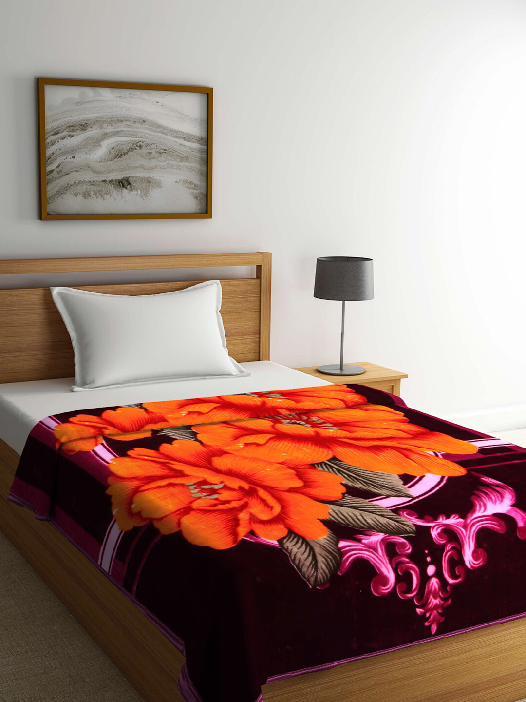 Arrabi Magenta & Orange Floral Mild Winter Single Bed Blanket