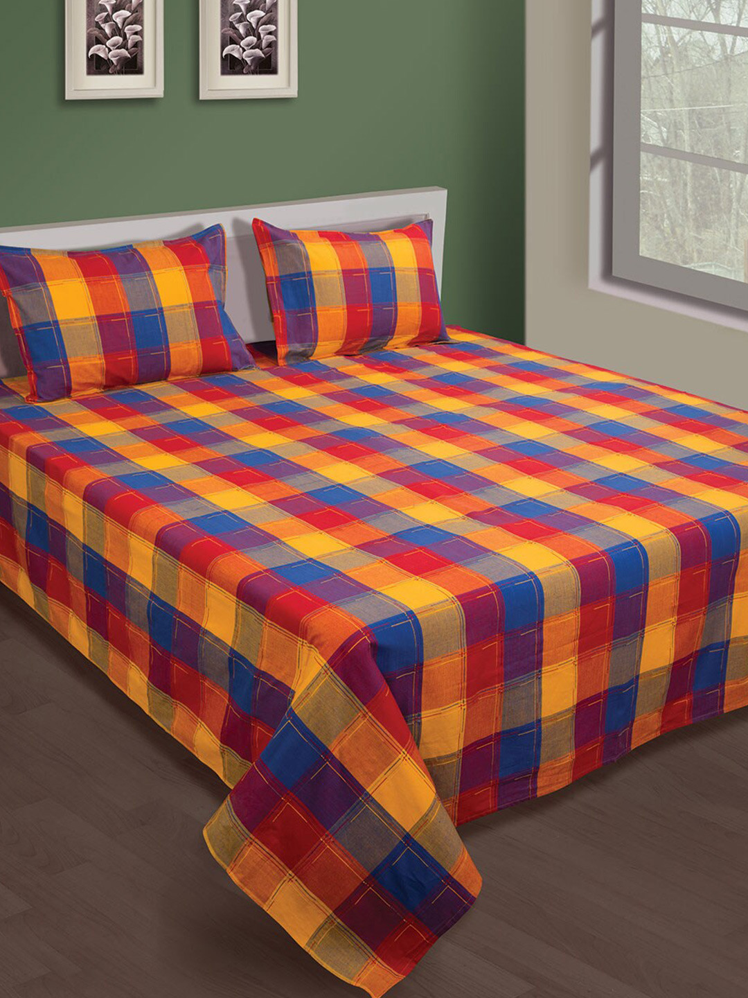 SHADES of LIFE Blue Checked Cotton Skin-Friendly 300 TC Queen Fine Bedsheet with 2 Pillow Covers-274 x 274 cm