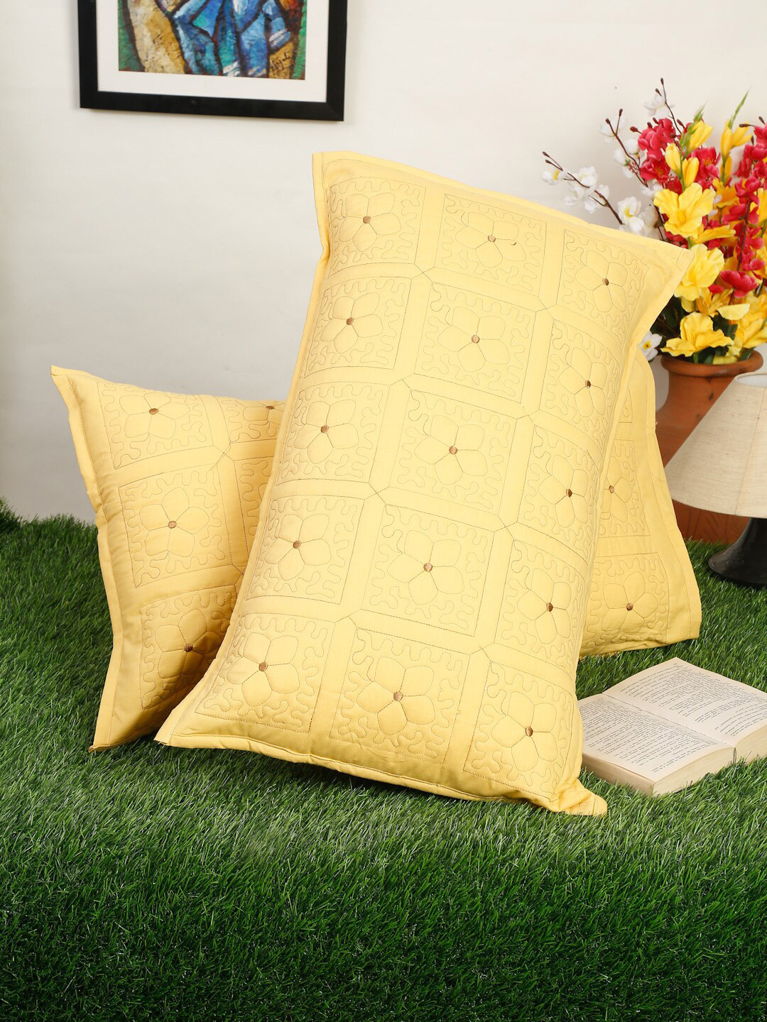 HOSTA HOMES Set of 2 Yellow Embroidered Pillow Covers
