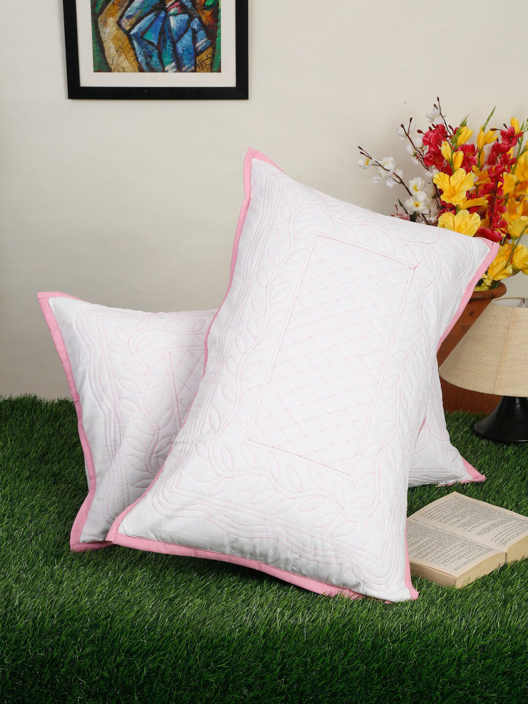 HOSTA HOMES Set of 2 White & Pink Embroidred Pure Cotton Pillows