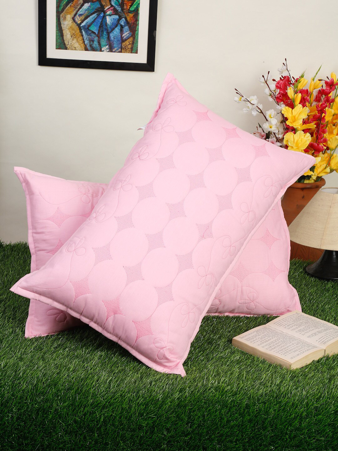 HOSTA HOMES Set of 2 Pink Self Design Pure Cotton Sleep Pillows