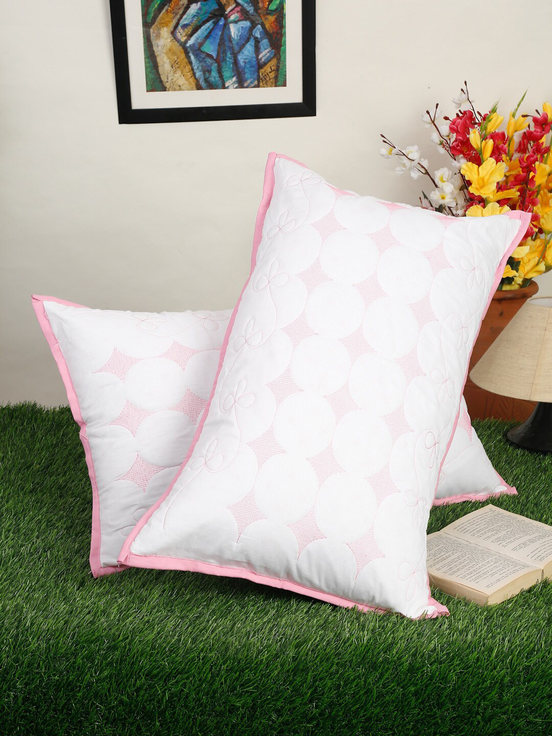 HOSTA HOMES Set of 2 White & Pink Embroidered Pure Cotton Pillow Cover