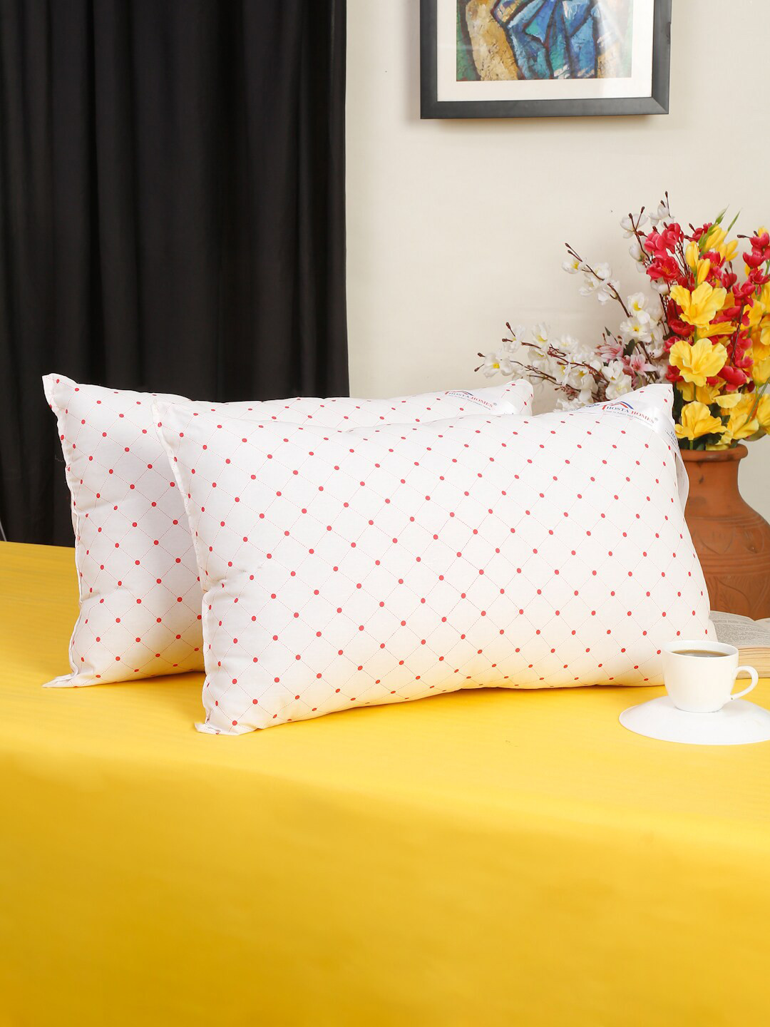 HOSTA HOMES White Checkered Cotton Set of 2 Medium Fibre Sleep Pillow-43.18 x 68.58 cm