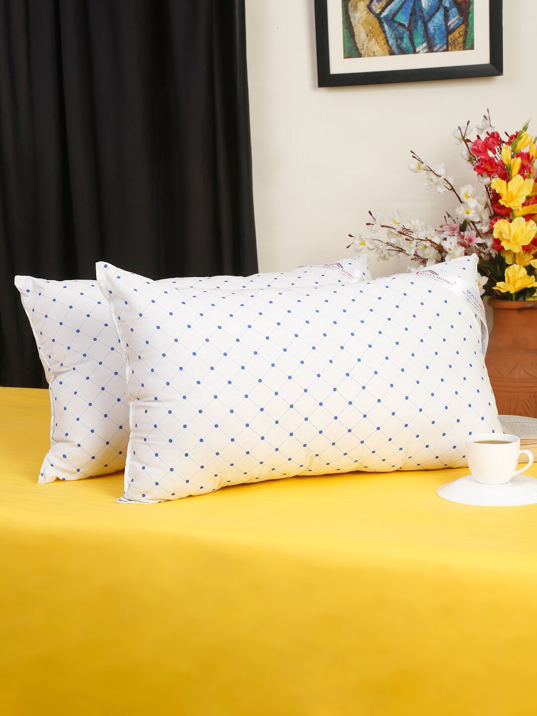 HOSTA HOMES White Geometric Cotton Set of 2 Medium Fibre Sleep Pillow-51 x 155 cm