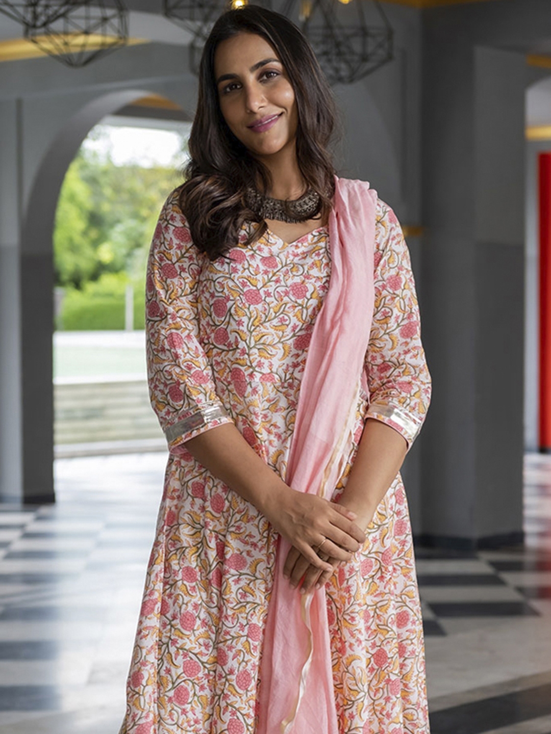 Buy Jaipur Kurti Women Pink Floral Gotta Patti Pure Cotton Kurta With Trousers Dupatta Kurta Sets for Women 16891228 Myntra