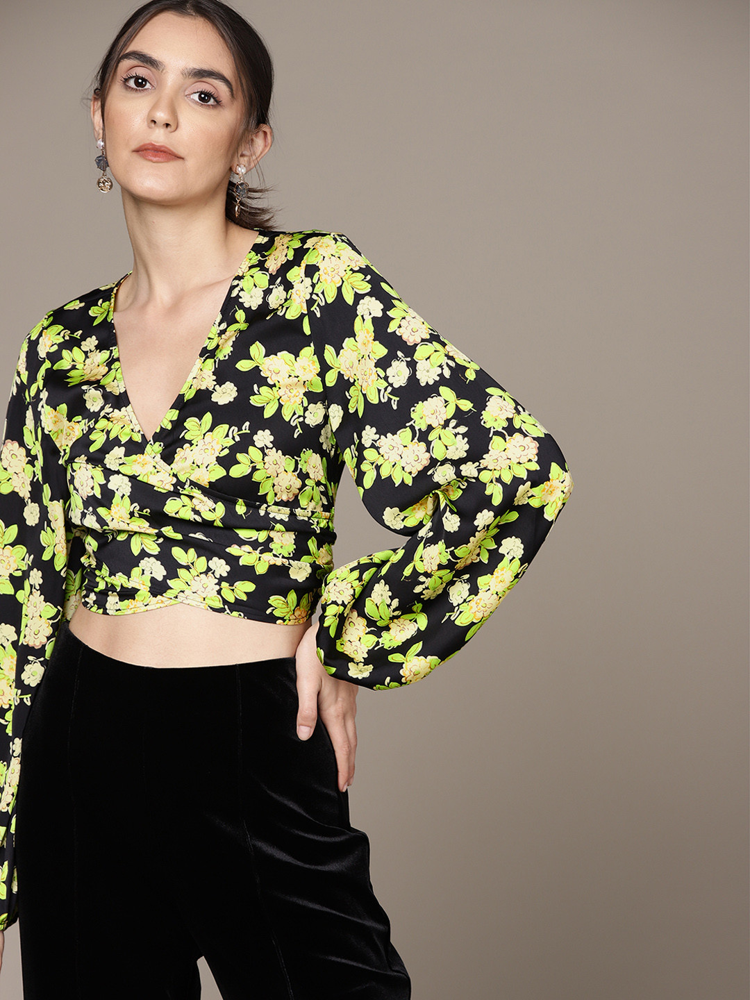 MANGO Women Green & Navy Blue Floral Print Wrap Crop Top