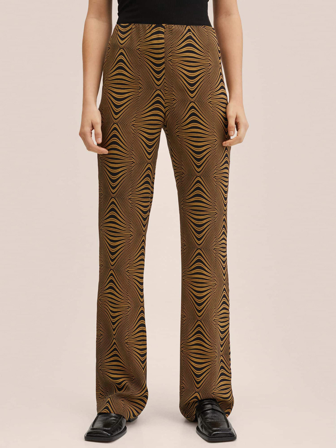 MANGO Women Black & Mustard Orange Printed Straight Fit High-Rise Trousers