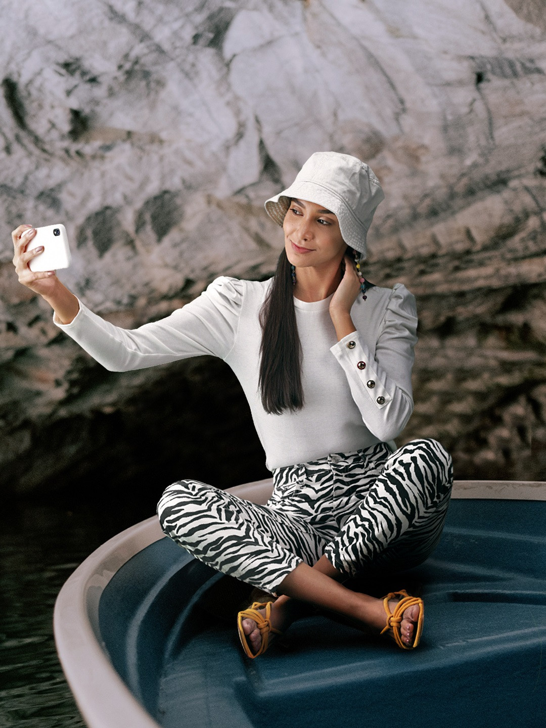 MANGO Women Black High-Rise Zebra Printed Mom Fit Pure Cotton Jeans