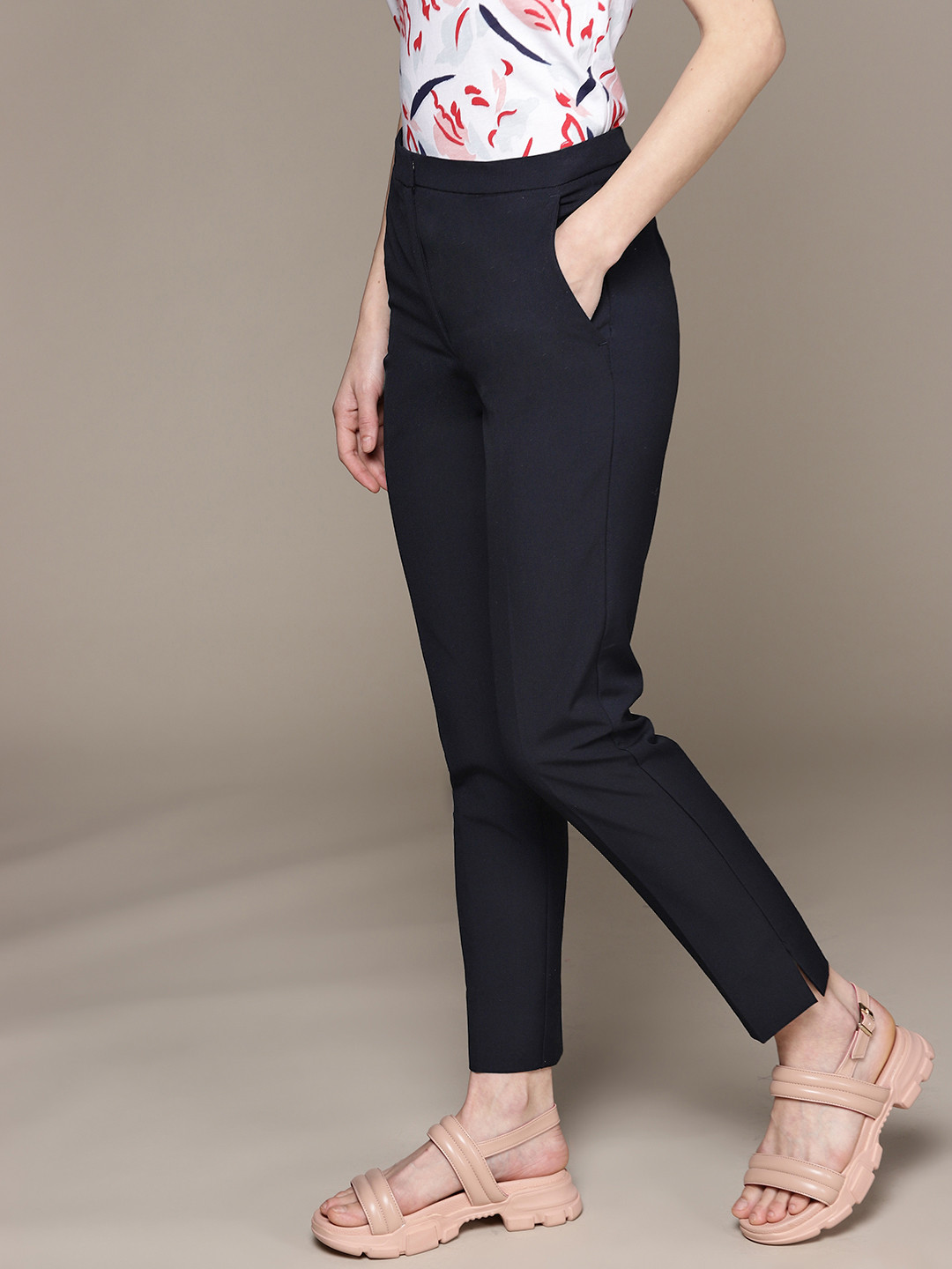 MANGO Women Navy Blue Slim Fit Trousers