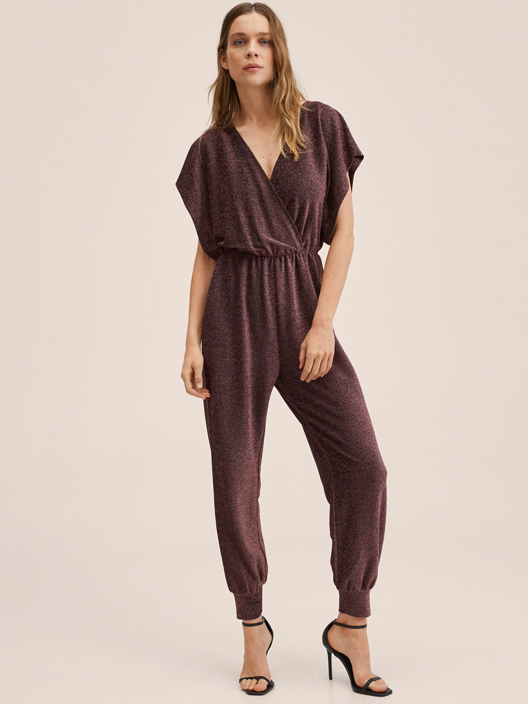 MANGO Maroon Shimmer Basic Wrap Jumpsuit