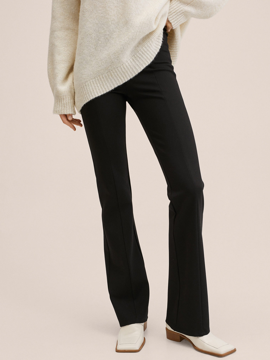 MANGO Women Black Solid Flared High-Rise Trousers