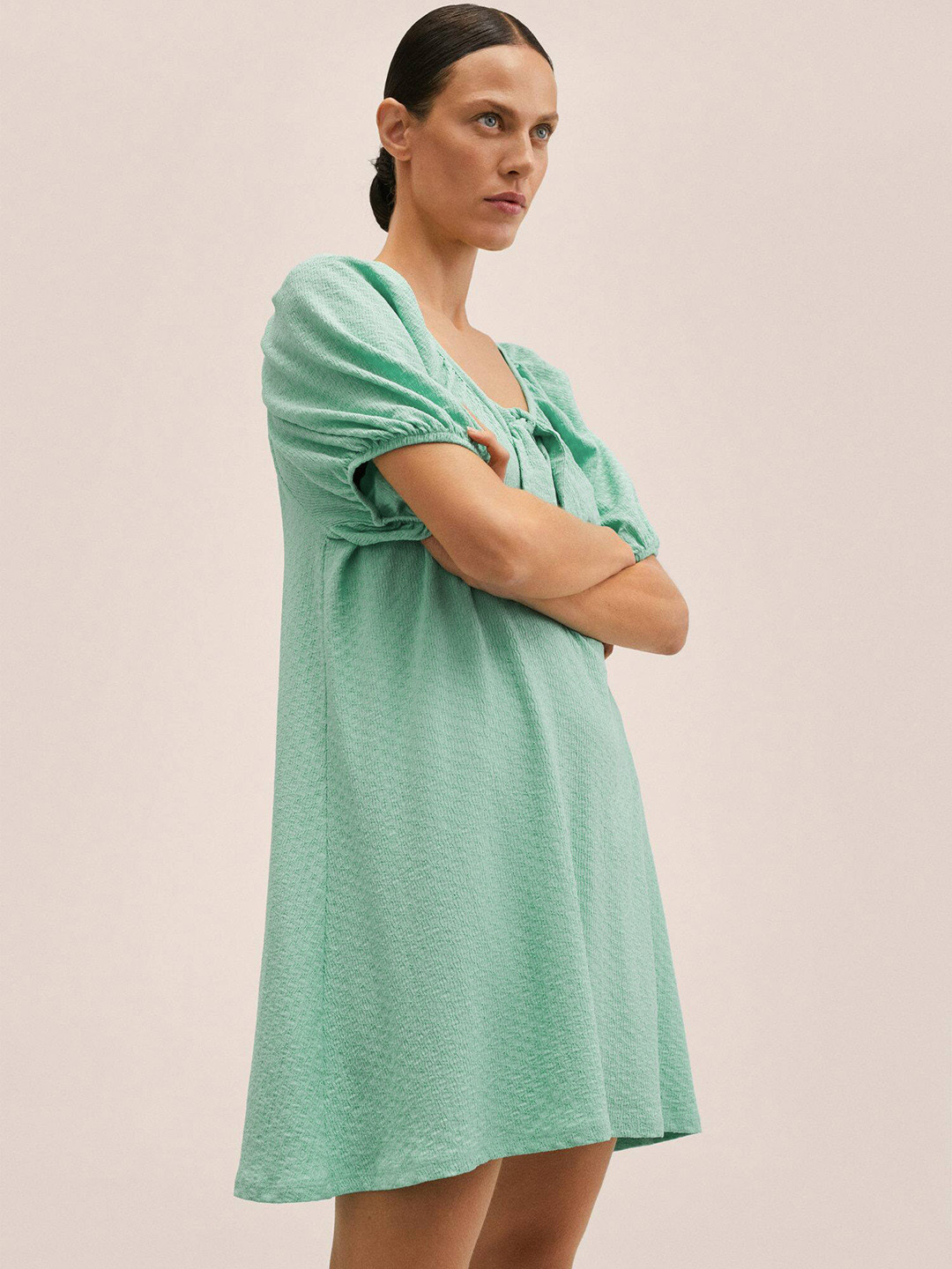 MANGO Women Green Textured A-Line Mini Dress