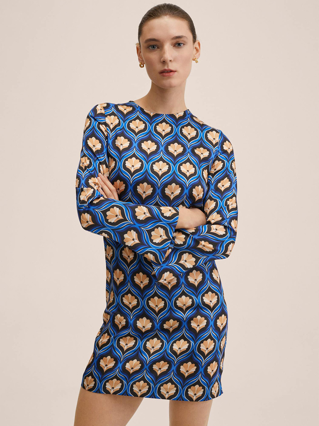 MANGO Women Blue & Beige Ethnic Motifs Printed T-shirt Mini Dress