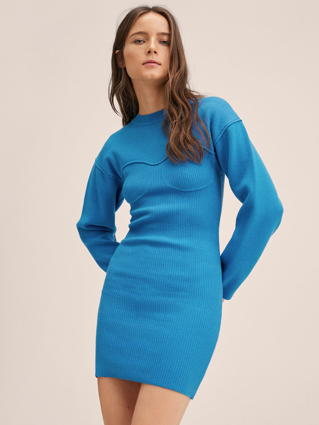 MANGO Blue Ribbed Bodycon Mini Dress