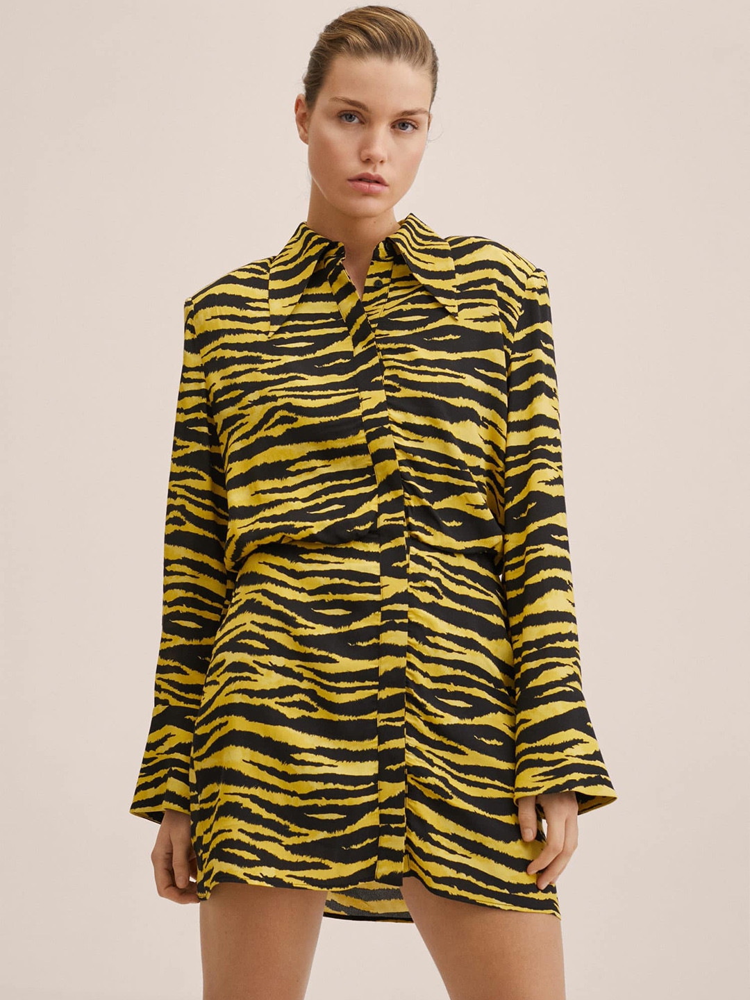 MANGO Women Yellow & Black Zebra Print Shirt Mini Dress